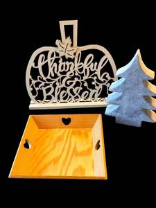 lot 33A image: Wooden Pumpkin Sign - Charmed & Blessed, Heart Tray & Blue Tree Decor Set