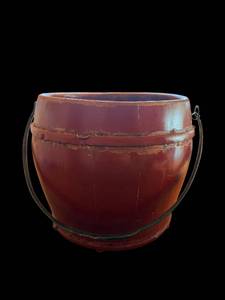 lot 34 image: Antique Red Painted Wooden Bucket with Metal Handle
