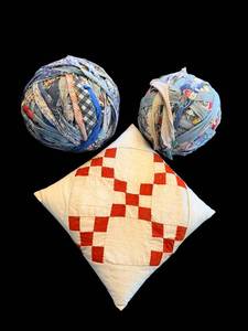 lot 35 image: Patchwork Quilt Throw Pillow & Denim Rag Balls