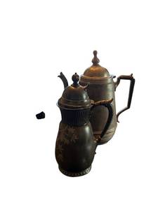 lot 40 image: Antique Metal Coffee Pots & Candlestick (Lot of 3)