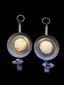 lot 45 image: Pair of Vintage Round Metal Candle Holder Discs with Ribbed Edge & Hanging Ring