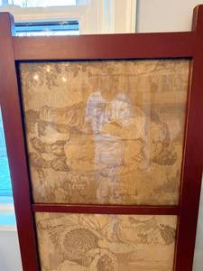 lot 46A image: Large Framed Wall Art  53 in H x 25 in W - Beige fabric with pastoral imagery