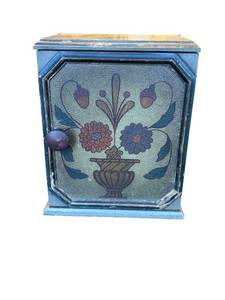 lot 51A image: Blue Painted Floral Front Cabinet - Small Decorative Wooden Storage 10x8x7