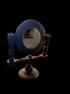 lot 53 image: Vintage Round Vanity Mirror on Ornate Wood Stand