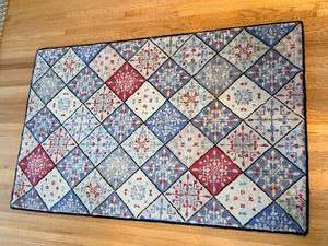 lot 54A image: Snowflake Patchwork Rug 61x37 - Diamond Grid in RedBlueIvory