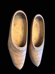 lot 56 image: Pair of Vintage Carved Wooden Clogs With Geometric Inlays - Inscribed 1914