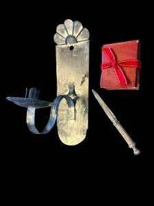 lot 59 image: Antique Letter Opener, Wall Sconce & Tied Books (Lot of 3)