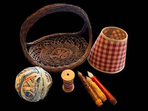 lot 78 image: Wicker Basket, Lampshade, Rag Yarn Ball, Thread Spool & Candles (Lot of 7)