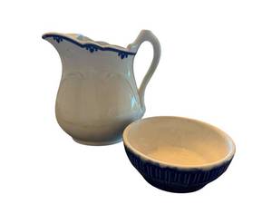 lot 88 image: Pitcher with Bowl - White Ceramic with Blue Rim