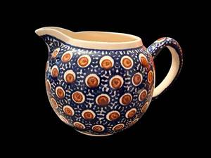 lot 97 image: Ceramic Creamer Pitcher - Blue & White with Brown Dot Medallions