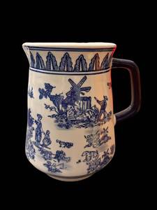 lot 98 image: Delftware Blue & White Ceramic Pitcher with Windmill Scene - Hand-Painted Dutch Decor
