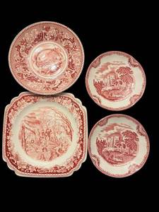 lot 115 image: Red Transferware Plate Set - 4-Piece Dinnerware With Scenic Motifs