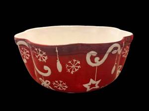 lot 116 image: Gates Ware Red & White Holiday Ceramic Bowl - Scalloped Rim 12x6