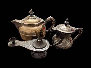 lot 130 image: Antique Silver Tea Set - 3-Piece Engraved Teapots with Ornate Serving Piece