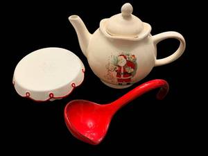 lot 131 image: Ceramic Santa Teapot With Lid & Red Ladle - 3-Piece Christmas Kitchen Set