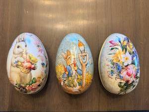 lot 146 image: Metal Decorative Eggs - Set of 3 - Floral & Bunny Designs