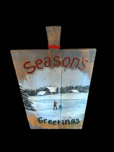 lot 168 image: Seasons Greetings Wooden Sign - 29 x 16 in - Winter Village Scene