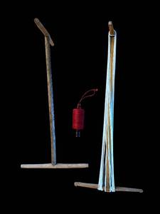 lot 186 image: 2 Wooden Frame Looms with Blue Warp Threads and Red Thread Spool