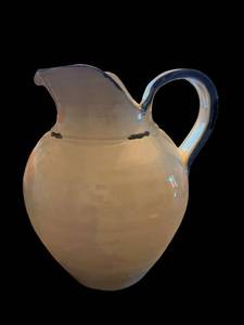 lot 189 image: White Ceramic Pitcher with Blue Rim, 10-Inch Tall