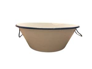 lot 190 image: Enamelware Bowl 14in Dia x 5in Deep, White with Blue Rim, 2 Handles
