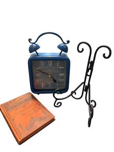 lot 192 image: Blue Alarm Clock with Iron Stand & Swedenborg Library Book (Lot of 3)