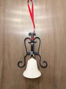 lot 211 image: Decorative Ceramic Bell on Wrought Iron Frame - Hanging Ornament with Red Ribbon