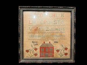 lot 216 image: Framed Cross-Stitch Sampler with House Motif - 8.5 x 8.5 in