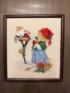 lot 218 image: 12x13 Framed Cross-Stitch Embroidery - Winter Girl With Red Hat