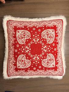 lot 219 image: Throw Pillow - Red Heart Pattern with White Faux Fur Border
