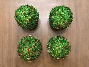 lot 221 image: Christmas Ornament Balls - Green Bead-Covered (Lot of 4)