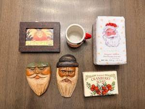 lot 242 image: Wood Santas (2) - Framed Santa Print, Santa Mug & Soaps (Lot of 6)
