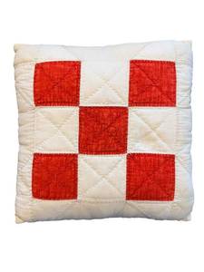 lot 249 image: Quilted Throw Pillow - Red Diamond Checkerboard Pattern on Cream