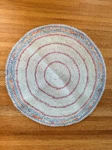 lot 259 image: 33-Inch Round Braided Rug - Light Cream with PinkBlue Accents