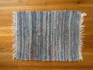 lot 268 image: Braided Rug 22 x 28 in - BlueWhite With Red Accents, Fringe