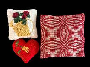 lot 276 image: Pillows (Lot of 3) - Floral Vase, Red Heart & Geometric Cushions
