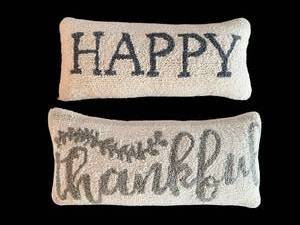 lot 277 image: Pillows - 2 Decorative Throw Pillows 17.5 in Long Script & HAPPY Text Designs