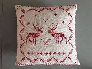 lot 281 image: Throw Pillow 15x15 - White Cover with Red Embroidered Deer Motifs
