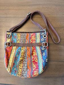 lot 326 image: Patchwork Stripe Crossbody Bag - Multicolor Fabric & Brown Trim