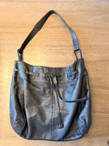 lot 327 image: Black Leather Bucket Bag - Drawstring Closure & Adjustable Shoulder Strap