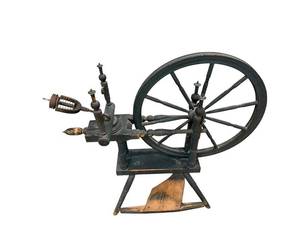 lot 341 image: Antique Hand-Crank Spinning Wheel with Large Flywheel on Wood Base