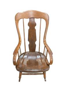 lot 342 image: Vintage Wooden Rocking Chair with Curved Armrests, Carved Back, Rustic Finish