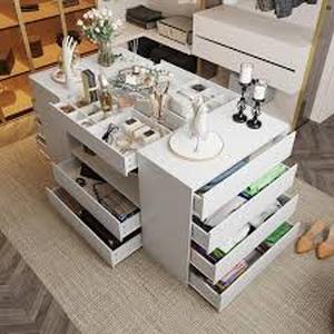 lot 81 image: FUFU&GAGA White 14-Drawers 63 in. Width Bedroom Dresser Makeup Island with Glass Top