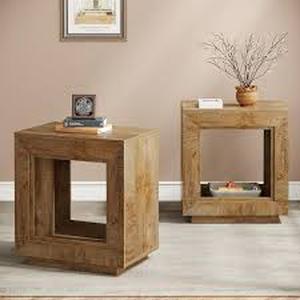 lot 88 image: Kerlin 2-Piece 23.62 in. Brown Grain Rectangular Wood End Table, Farmhouse 2-Tiered Side Table