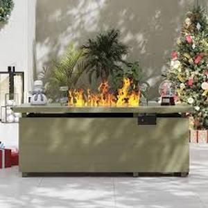 lot 102 image: Greige 51 in. 50000 BTU Rectangular Metal Propane Outdoor Fire Pit Table with Glass Wind Guard Lid Fire Glass Beads
