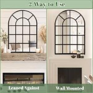 lot 8 image: 24x 36 Window Pane Wall Mirror Black - Modern Arched Steel Frame, Powder-Coated Finish, Wall Mount