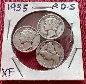lot 12 image: (3) 1935 Mercury Dimes - PDS