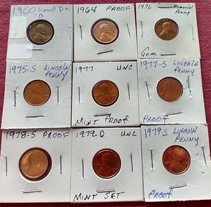 lot 52 image: (9) 1960s & 70s Pennies - Unc & Proof