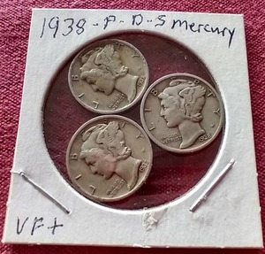 lot 76 image: (3) 1938 Mercury Dimes - PDS