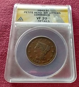 lot 77 image: 1843 Braided Hair Large Cent - ANACS VF 20 (Details)