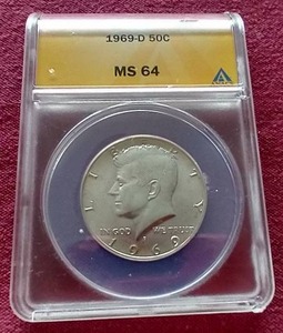 lot 98 image: 1969-D 40% Silver Kennedy Half Dollar - ANACS MS64
